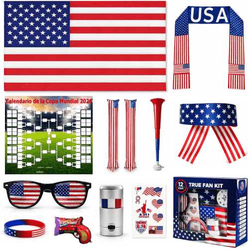 OurWarm 2026 FIFA World Cup USA Soccer Fan Accessories Set, Flag Scarf, Headband, Glasses, Face Paint, Horn, Inflatable Sticks & Confetti Blaster, 12 Items