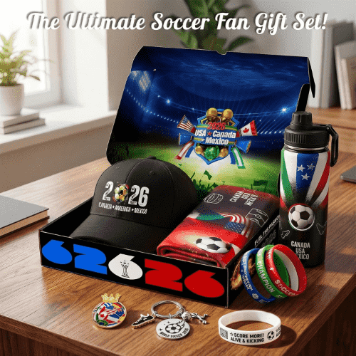 Exun 2026 FIFA World Cup Soccer Fan Gift Basket Set, 9-Piece Sports Accessories Bundle with Stainless Steel Tumbler, Towel, Keychain, Hat, Wristband & Metal Pin, Triple Nation Flag Design