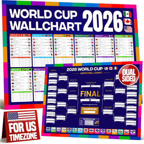 WOW Wallcharts 2026 FIFA World Cup A1 Size Bracket Poster with US Kick Off Times, Fixtures, Stadiums & Host Cities