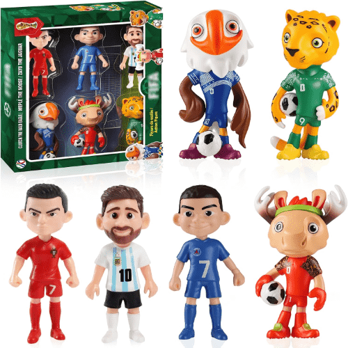 RRIVAN 2026 FIFA World Cup Decorations, 4 Inch PVC Cartoon Football Character Mascot and Star Player Style Figures, 6 Packs