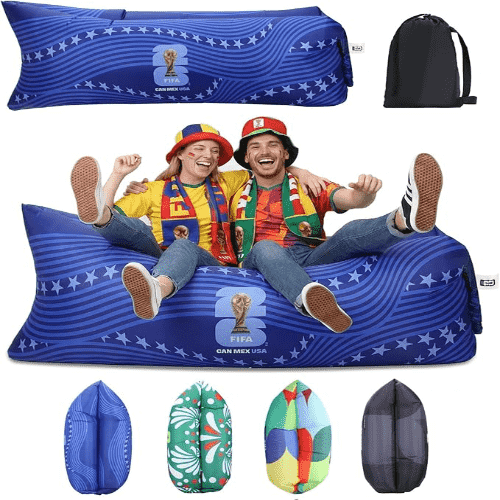 MESUCA 2026 FIFA World Cup Official Edition Portable Waterproof 210T Polyester Inflatable Air Sofa Lounger, No Pump Air Couch for Beach Camping, Blue, 450Lbs