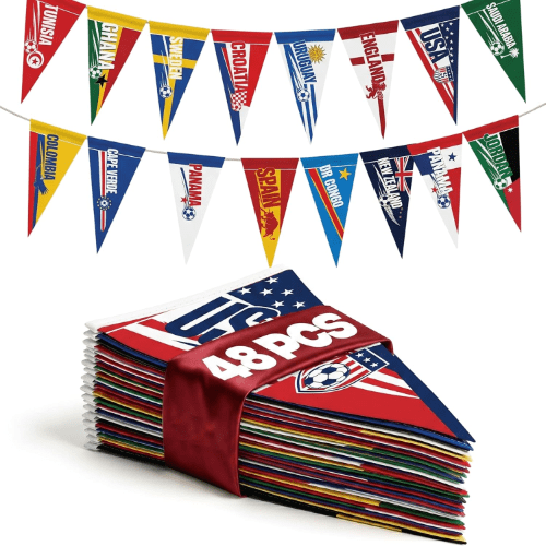Jester Fiesta 2026 FIFA World Cup Triangle Country Flag Pennants with 15m Polyester Rope for Party Decorations, Tournaments, Garden, Streets & Pub Bar, 48 Packs, 10 x 23cm