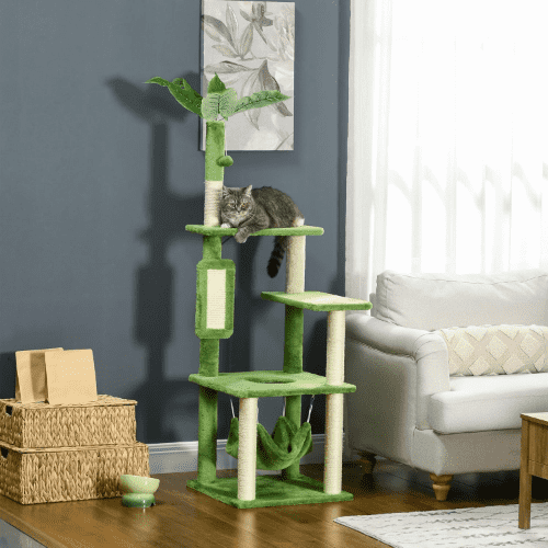 PawHut Cat Tree with Hammock, Scratching Post, Platforms, Play Ball and Anti-Tipping Device, 56", Green