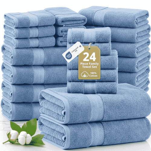 Lane Linen 100% Cotton Ring-Spun Durability OEKO-TEX Certified Oversized Quick Dry Bath Towels, 2 Extra Large Bath Sheet, 4 Bath Towel, 6 Hand Towel, 8 Wash Cloths, 4 Fingertip Towels, 24 Pieces