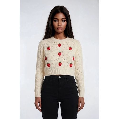 Forever 21 Embroidered Strawberry Cropped Pointelle Sweater