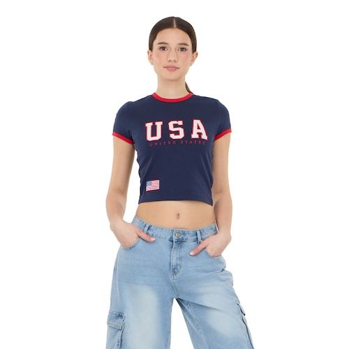 Forever 21 Women's Short Sleeve Americana USA Soccer Ringer Tee Shirt