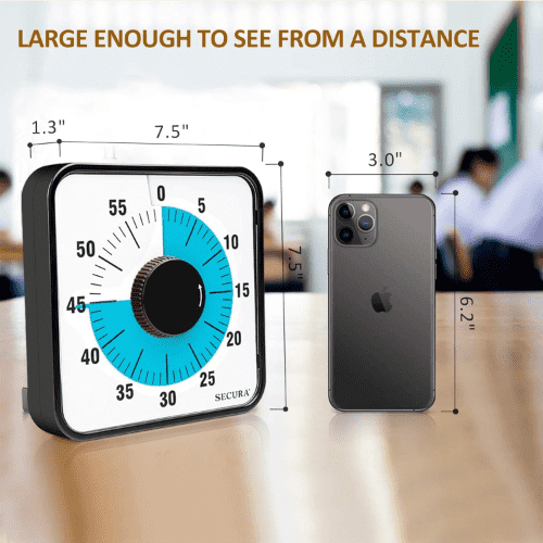 Secura Oversize 60-Minute Durable Mechanical Visual Countdown Timer with Magnetic Backing, Blue, 7.5-Inch