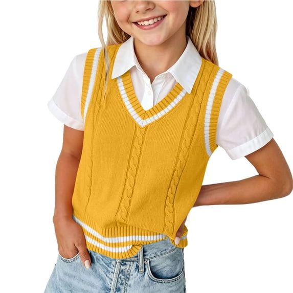 Annhoo Kids Girls Knit Vests V Neck Striped Hem Trim Sleeveless
