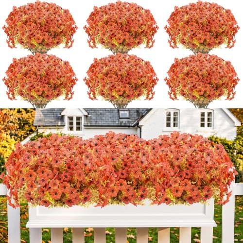 LetuoClips Artificial UV Resistant Fall Flowers for Outside Front Porch Hanging Planter Garden, 13 Bundles, Sunset Orange