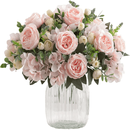 karoro Pink Artificial Peony Bouquet for Vases, Table Centerpieces, Living Rooms and Home Decor, 4 Bunches
