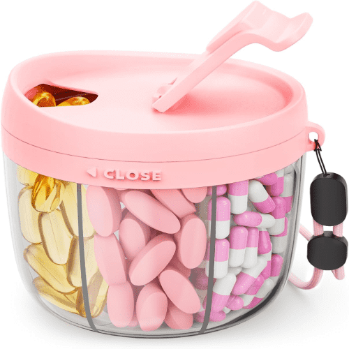 AMOOS BPA-Free Portable Travel Pill Dispenser with Anti-Mix Design, 7-Slot, Wide Mouth for Easy Access, Patented, Pink