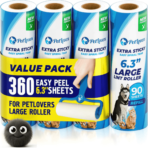 PetLovers 6.3" Extra Sticky Lint Roller, No Handle Included, 90 Sheets Per Refill, 360 Sheets Total, 4 Packs
