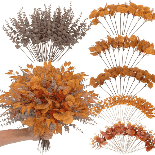 lovemoon Fall Mixed Greenery Artificial Eucalyptus Stems, Orange, 6 Kinds, 130 Packs