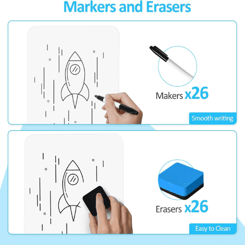 PANDRI Double-Sided Portable Reusable Small White Dry Erase Boards with Smooth Writing & Wipe-Clean Design, 26 Erasers and 26 Markers, 12.5”x 9”, 26 Packs